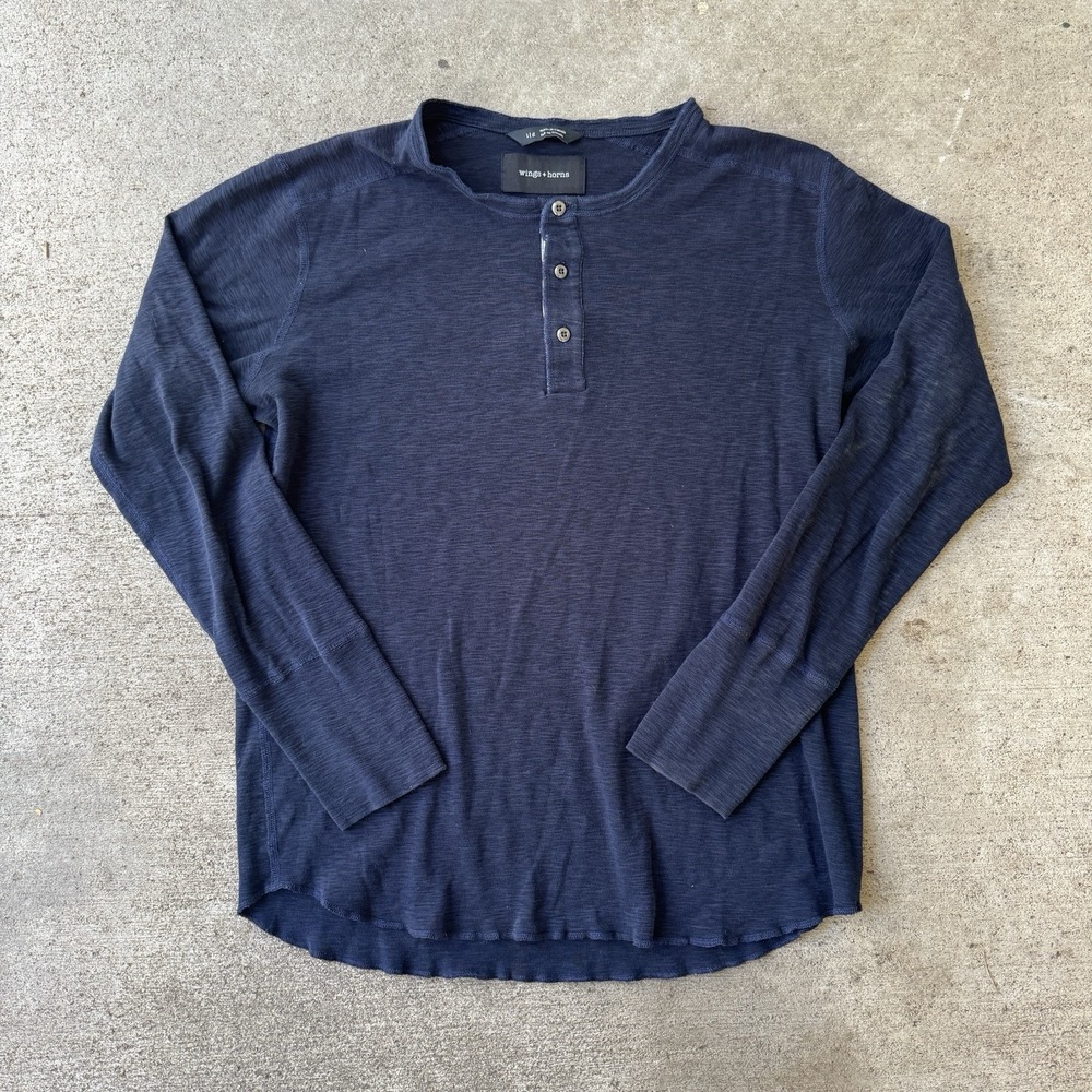 Wings + Horns Navy Blue Henley Shirt Longsleeve Large Made in Canada Cotton